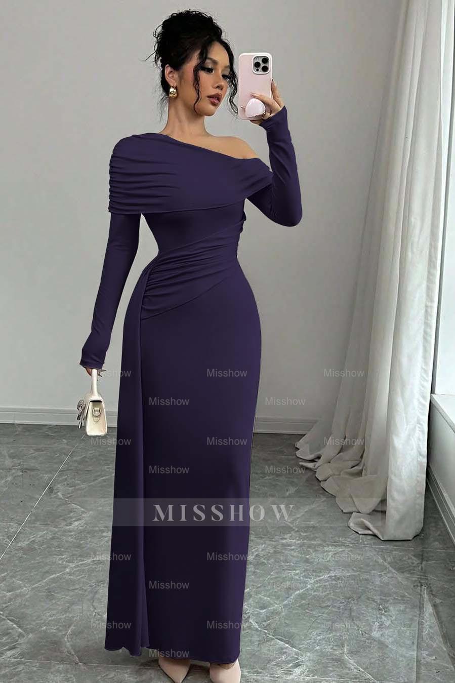 Off the Shoulder Long Sleeves Long Mermaid Formal Dress With Ruffles