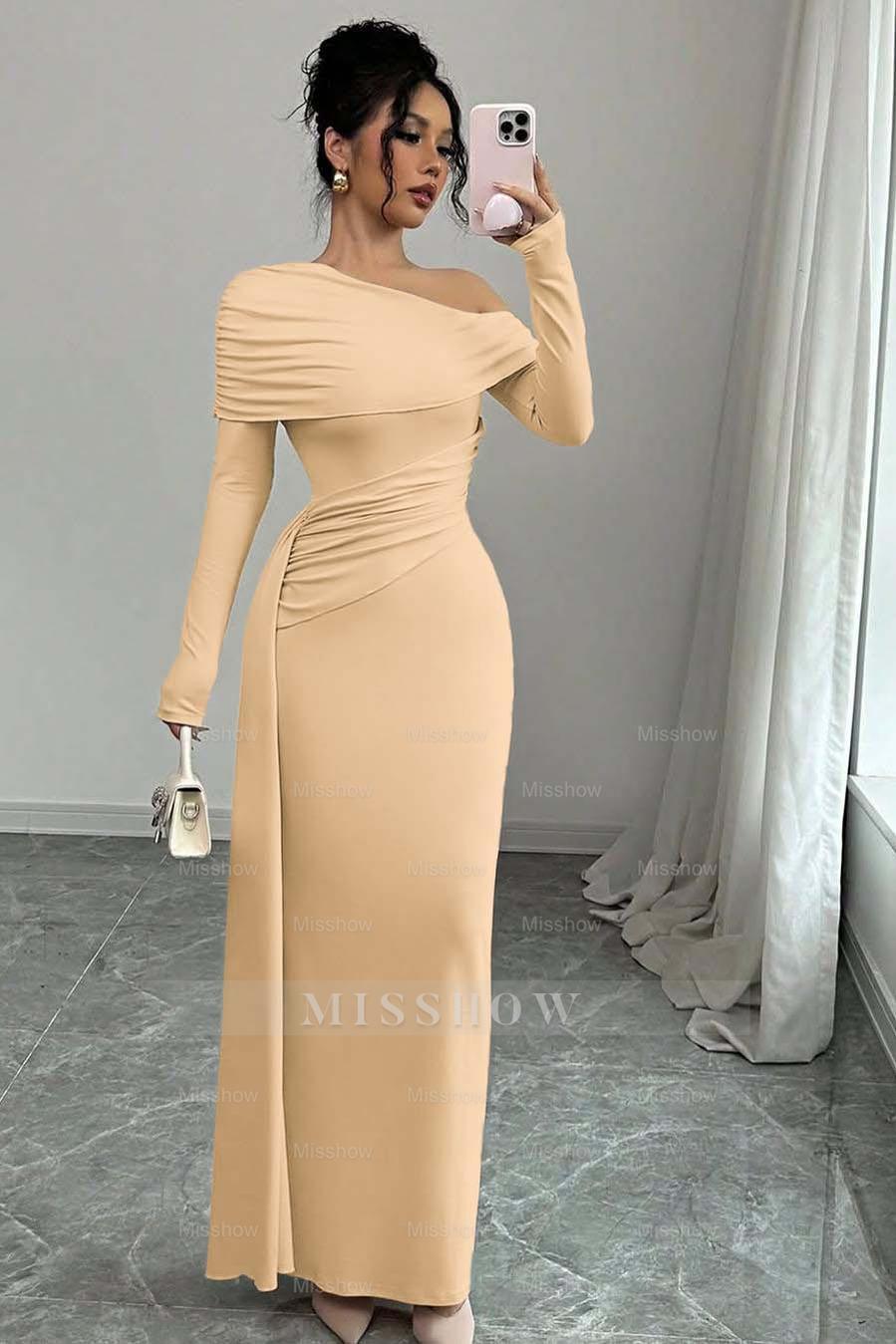 Off the Shoulder Long Sleeves Long Mermaid Formal Dress With Ruffles