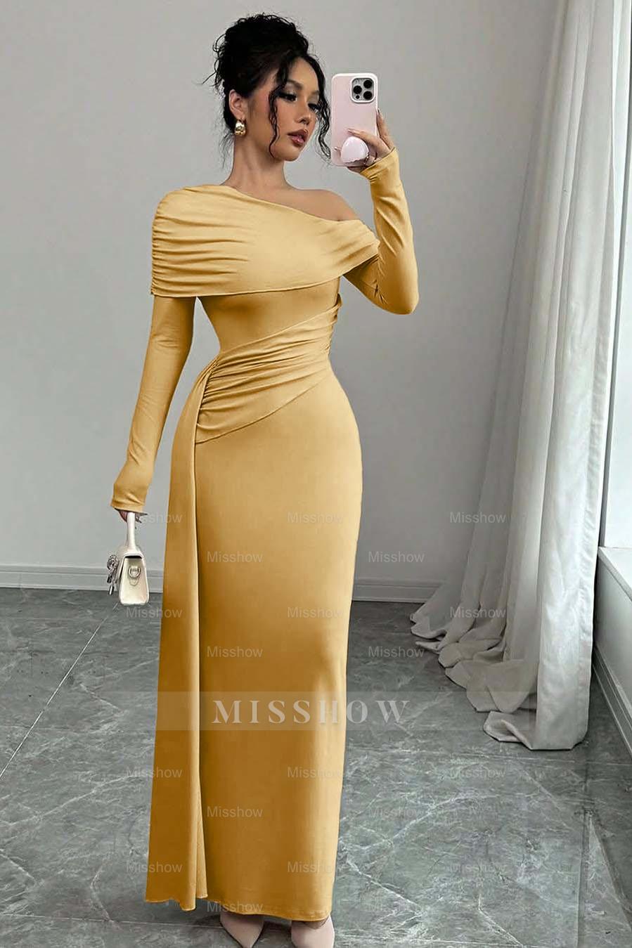 Off the Shoulder Long Sleeves Long Mermaid Formal Dress With Ruffles