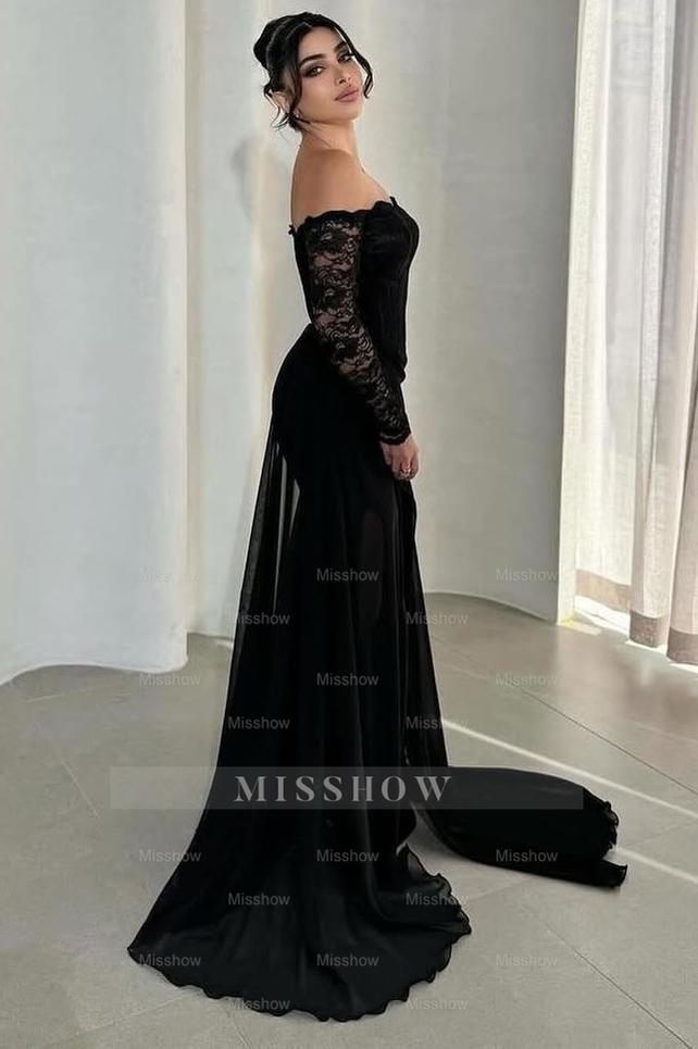 Off the Shoulder Long Sleeves Long Mermaid Formal Dress With Split
