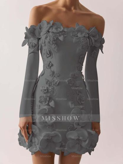 Off the Shoulder Long Sleeves Short Formal Dress With Appliques