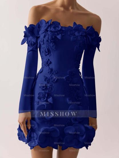 Off the Shoulder Long Sleeves Short Formal Dress With Appliques