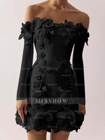 Off the Shoulder Long Sleeves Short Formal Dress With Appliques