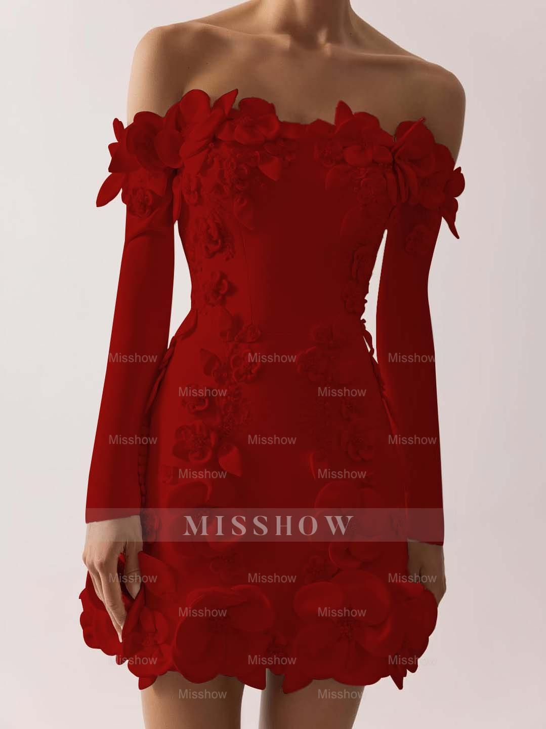 Off the Shoulder Long Sleeves Short Formal Dress With Appliques