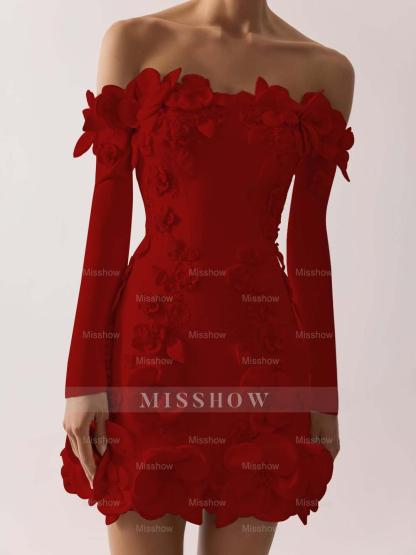 Off the Shoulder Long Sleeves Short Formal Dress With Appliques