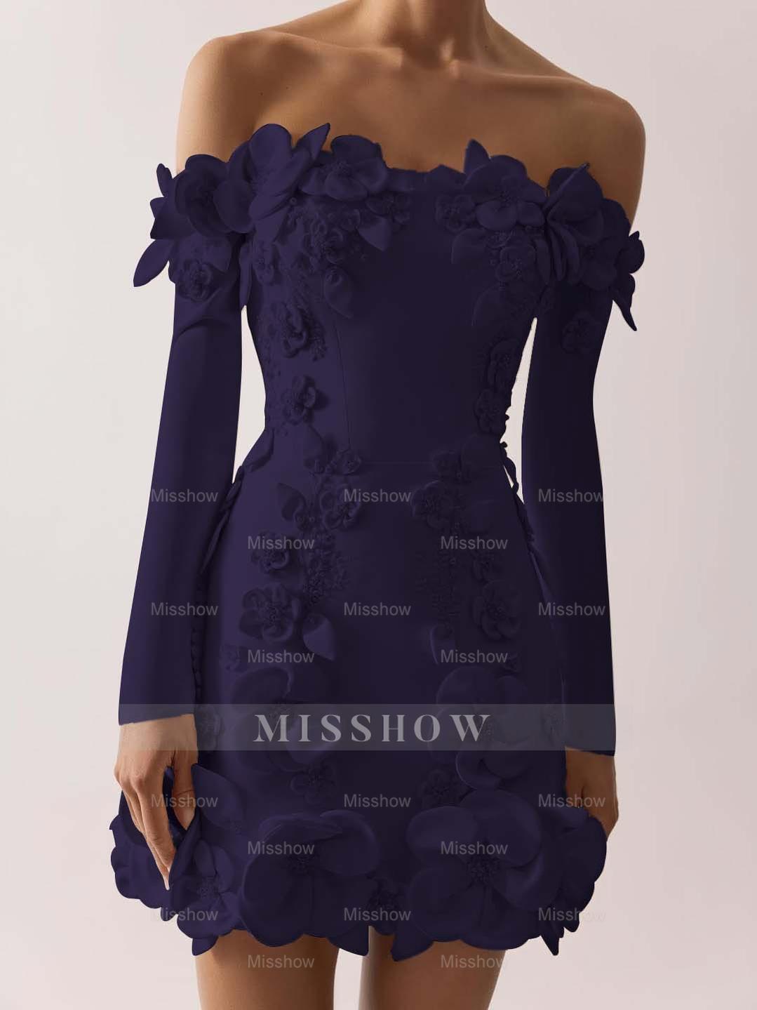 Off the Shoulder Long Sleeves Short Formal Dress With Appliques