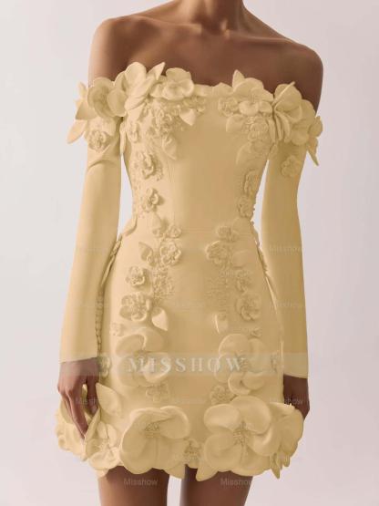 Off the Shoulder Long Sleeves Short Formal Dress With Appliques