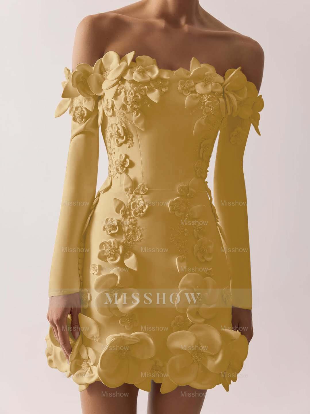 Off the Shoulder Long Sleeves Short Formal Dress With Appliques