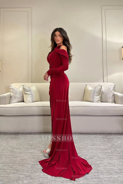 Off the Shoulder Long Sleeves Split Long Formal Dress With Pleated