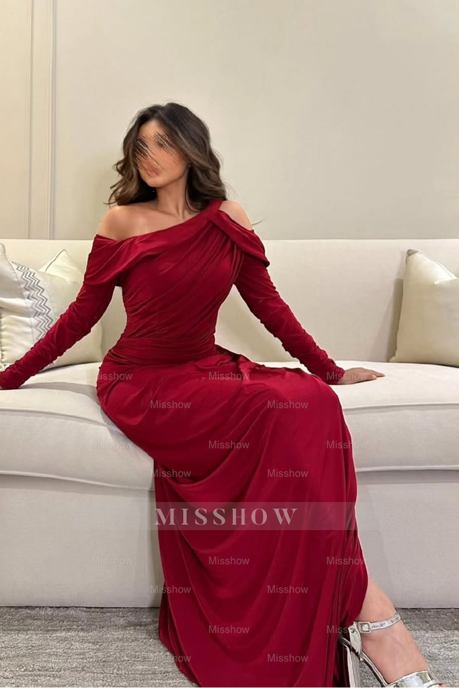 Off the Shoulder Long Sleeves Split Long Formal Dress With Pleated