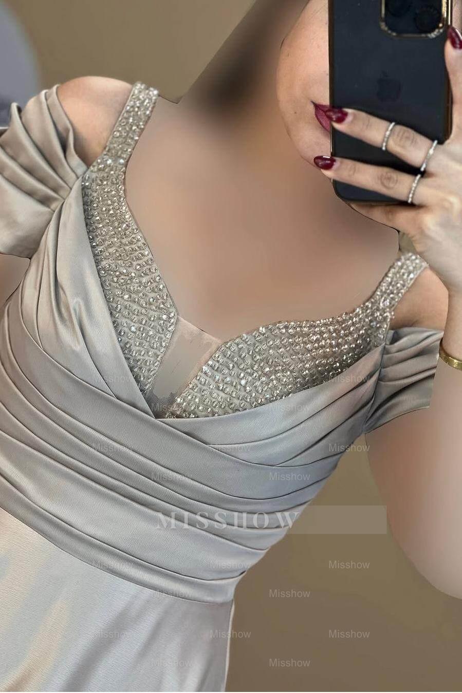 Off the Shoulder Sleeveless Long Formal Dress With Beading Pleated