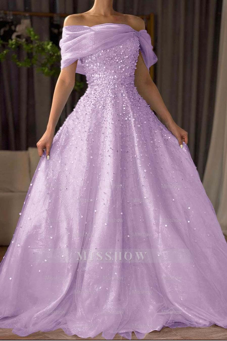 Off the Shoulder Sleeveless Long Formal Dress With Beading Tulle