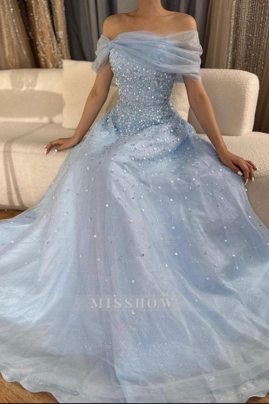 Off the Shoulder Sleeveless Long Formal Dress With Beading Tulle