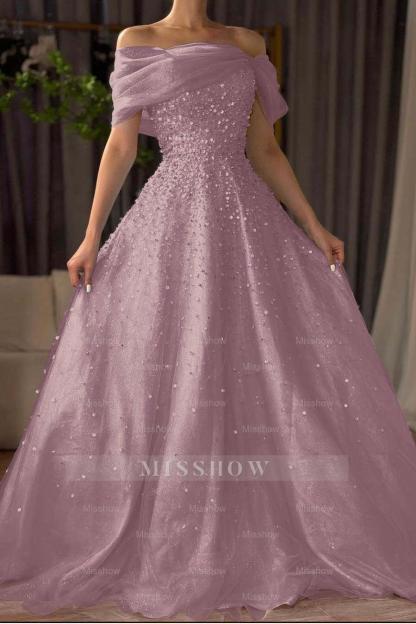 Off the Shoulder Sleeveless Long Formal Dress With Beading Tulle