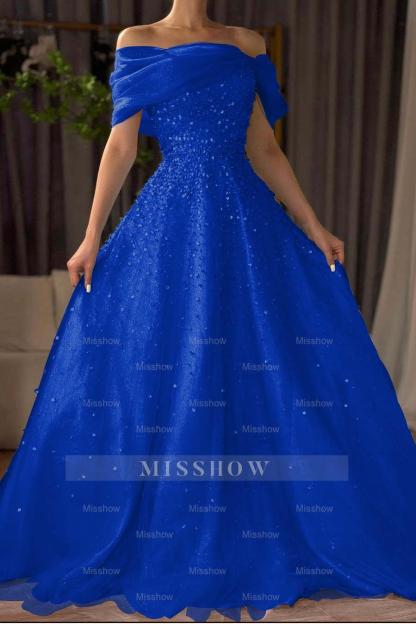 Off the Shoulder Sleeveless Long Formal Dress With Beading Tulle