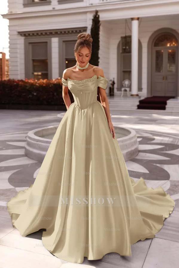 Off the Shoulder Sleeveless Long Formal Dress With Pleated Beading