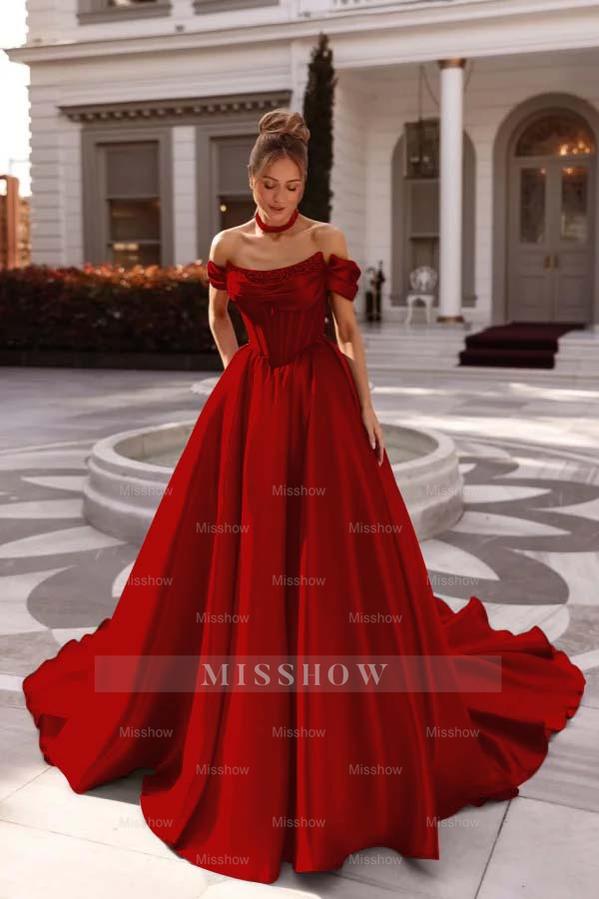 Off the Shoulder Sleeveless Long Formal Dress With Pleated Beading