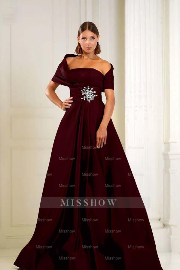 Off the Shoulder Sleeveless Long Formal Dress With Pleated Beading