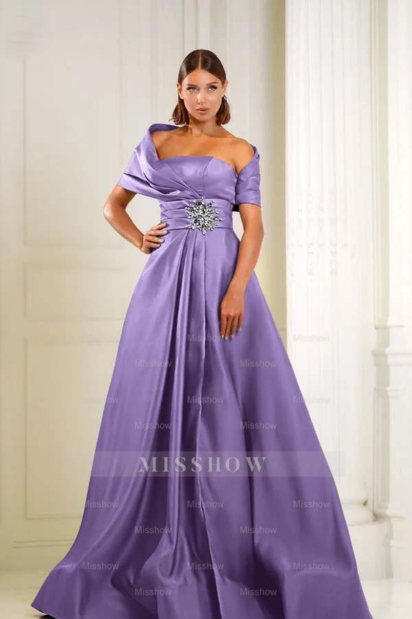 Off the Shoulder Sleeveless Long Formal Dress With Pleated Beading