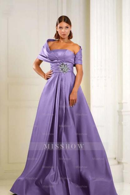 Off the Shoulder Sleeveless Long Formal Dress With Pleated Beading