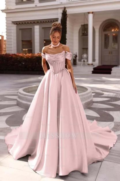 Off the Shoulder Sleeveless Long Formal Dress With Pleated Beading