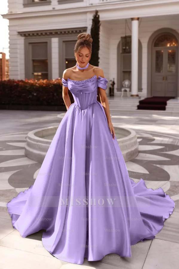 Off the Shoulder Sleeveless Long Formal Dress With Pleated Beading