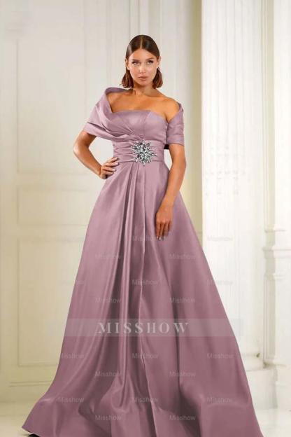 Off the Shoulder Sleeveless Long Formal Dress With Pleated Beading