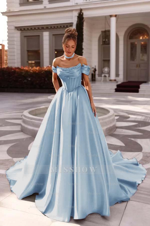 Off the Shoulder Sleeveless Long Formal Dress With Pleated Beading