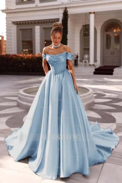 Off the Shoulder Sleeveless Long Formal Dress With Pleated Beading