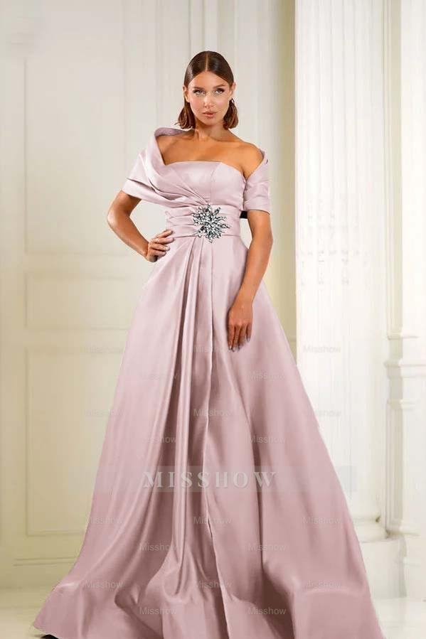 Off the Shoulder Sleeveless Long Formal Dress With Pleated Beading