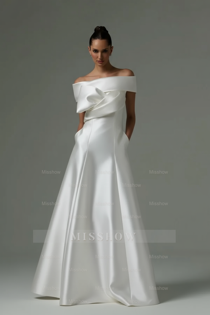 Off the Shoulder Sleeveless Long Formal Dress With Pleated Pocket