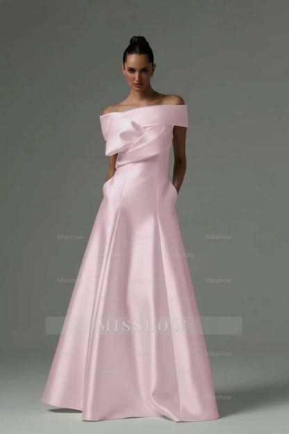 Off the Shoulder Sleeveless Long Formal Dress With Pleated Pocket