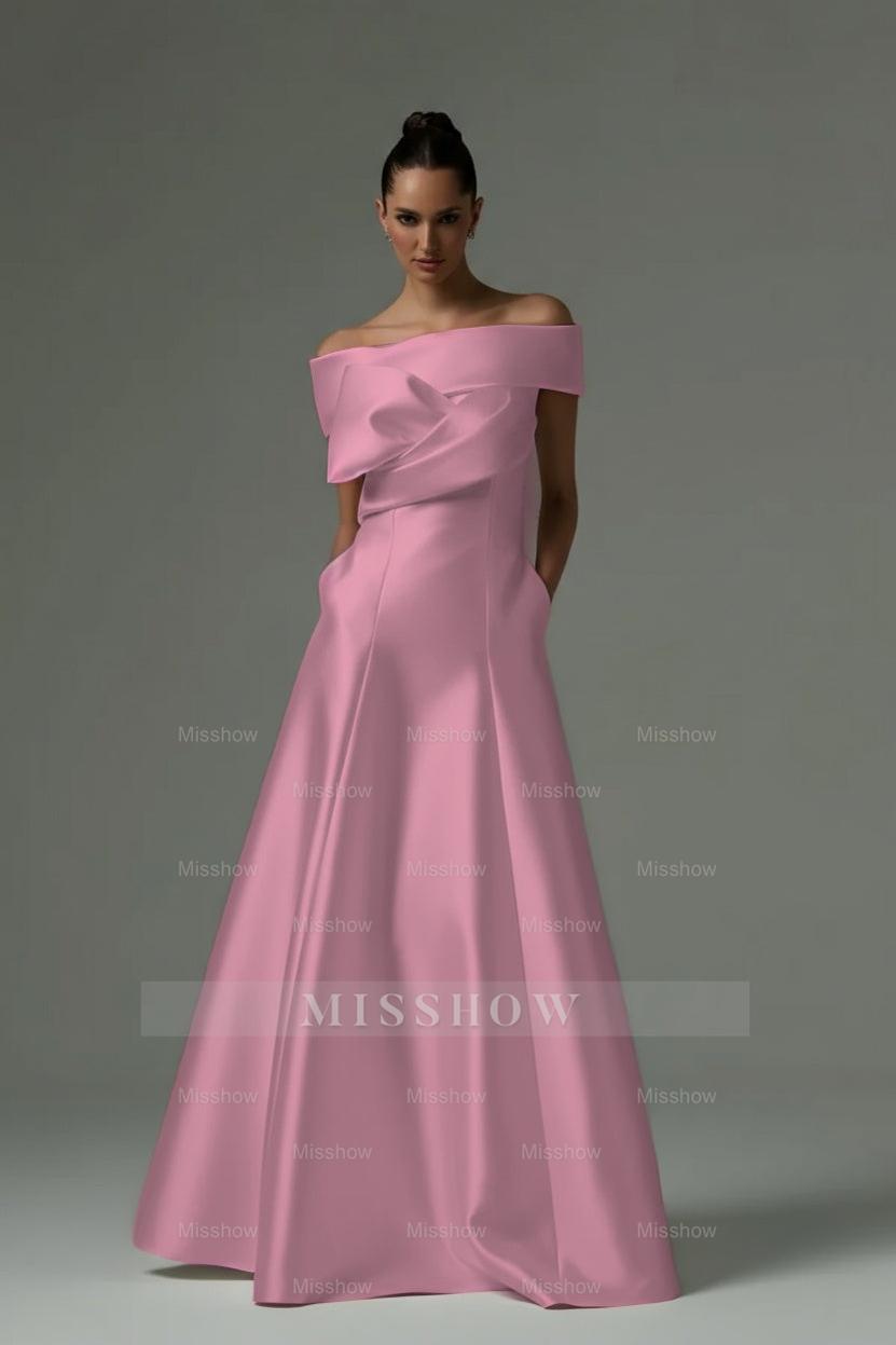 Off the Shoulder Sleeveless Long Formal Dress With Pleated Pocket
