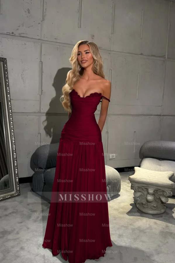 Off the Shoulder Sleeveless Long Formal Dress With Pleated Sequins