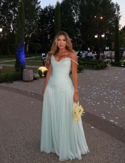 Off the Shoulder Sleeveless Long Formal Dress With Pleated Sequins
