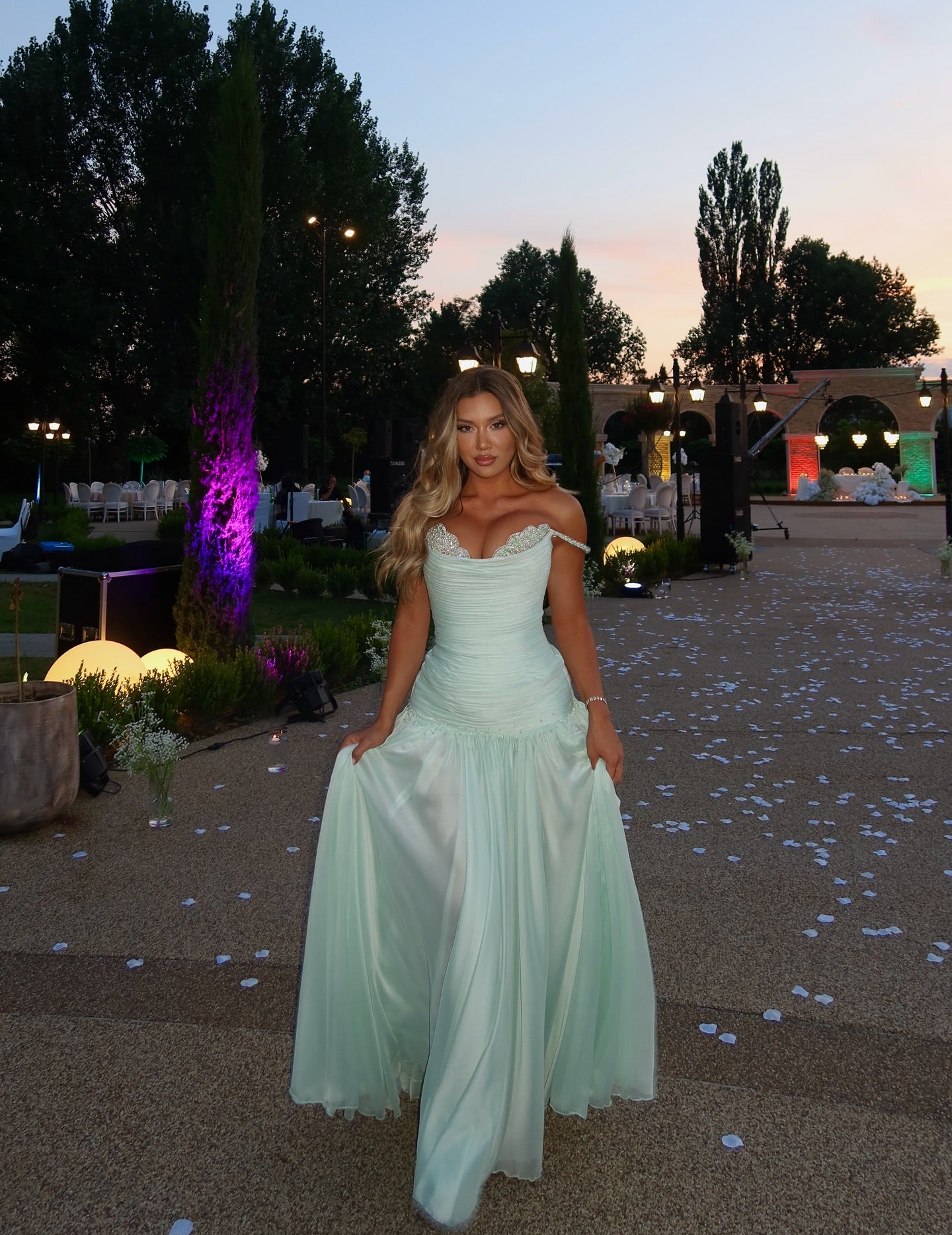 Off the Shoulder Sleeveless Long Formal Dress With Pleated Sequins