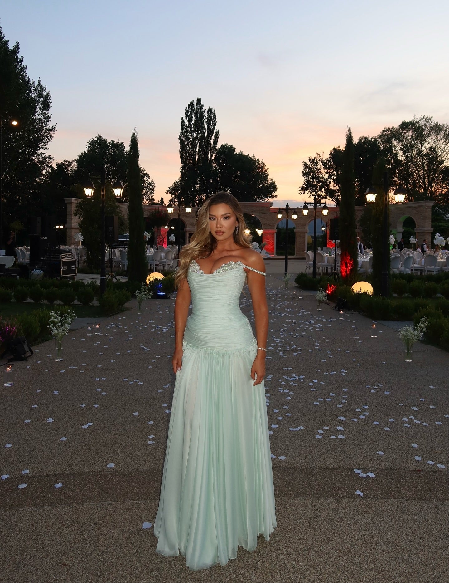 Off the Shoulder Sleeveless Long Formal Dress With Pleated Sequins