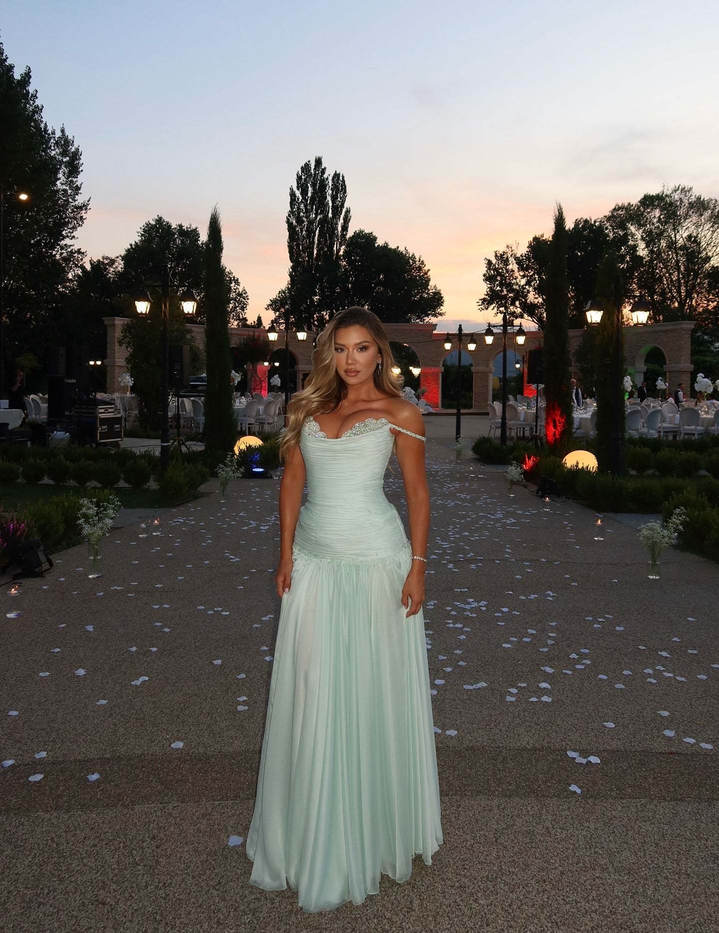 Off the Shoulder Sleeveless Long Formal Dress With Pleated Sequins