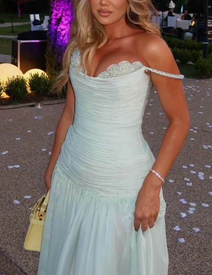 Off the Shoulder Sleeveless Long Formal Dress With Pleated Sequins