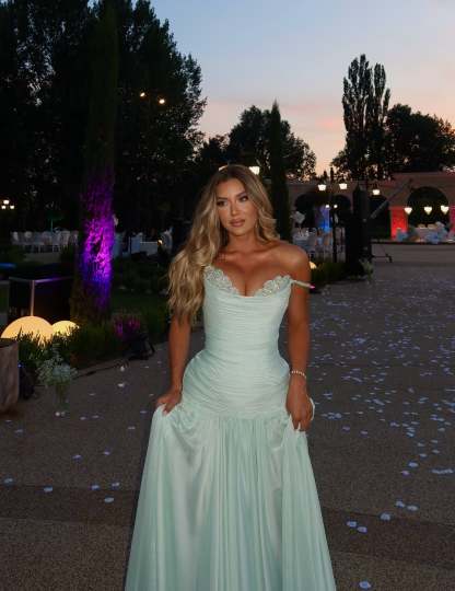 Off the Shoulder Sleeveless Long Formal Dress With Pleated Sequins