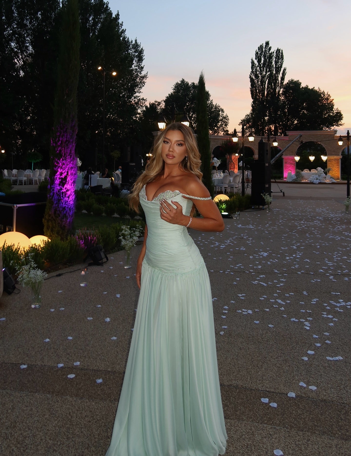 Off the Shoulder Sleeveless Long Formal Dress With Pleated Sequins