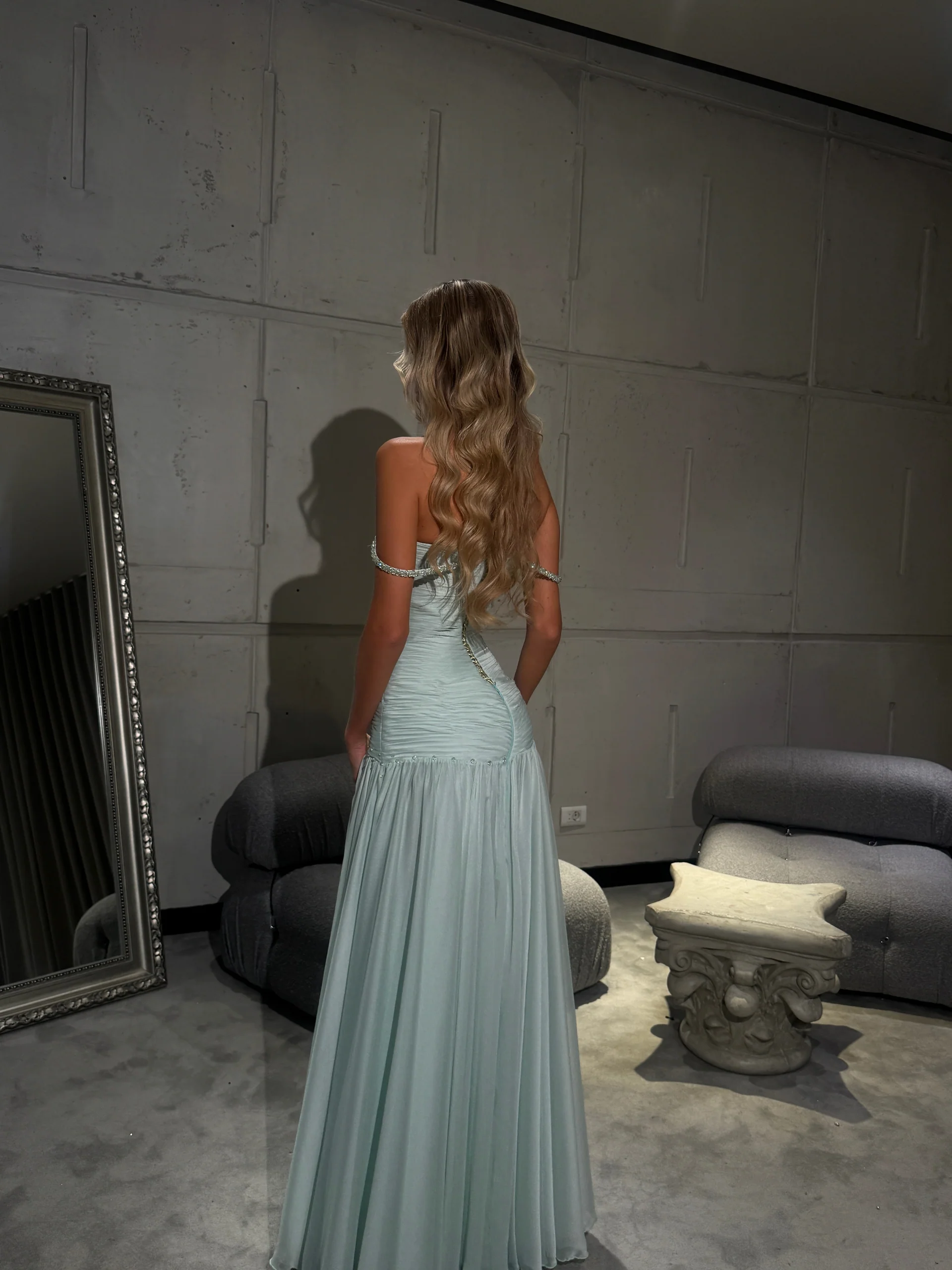 Off the Shoulder Sleeveless Long Formal Dress With Pleated Sequins