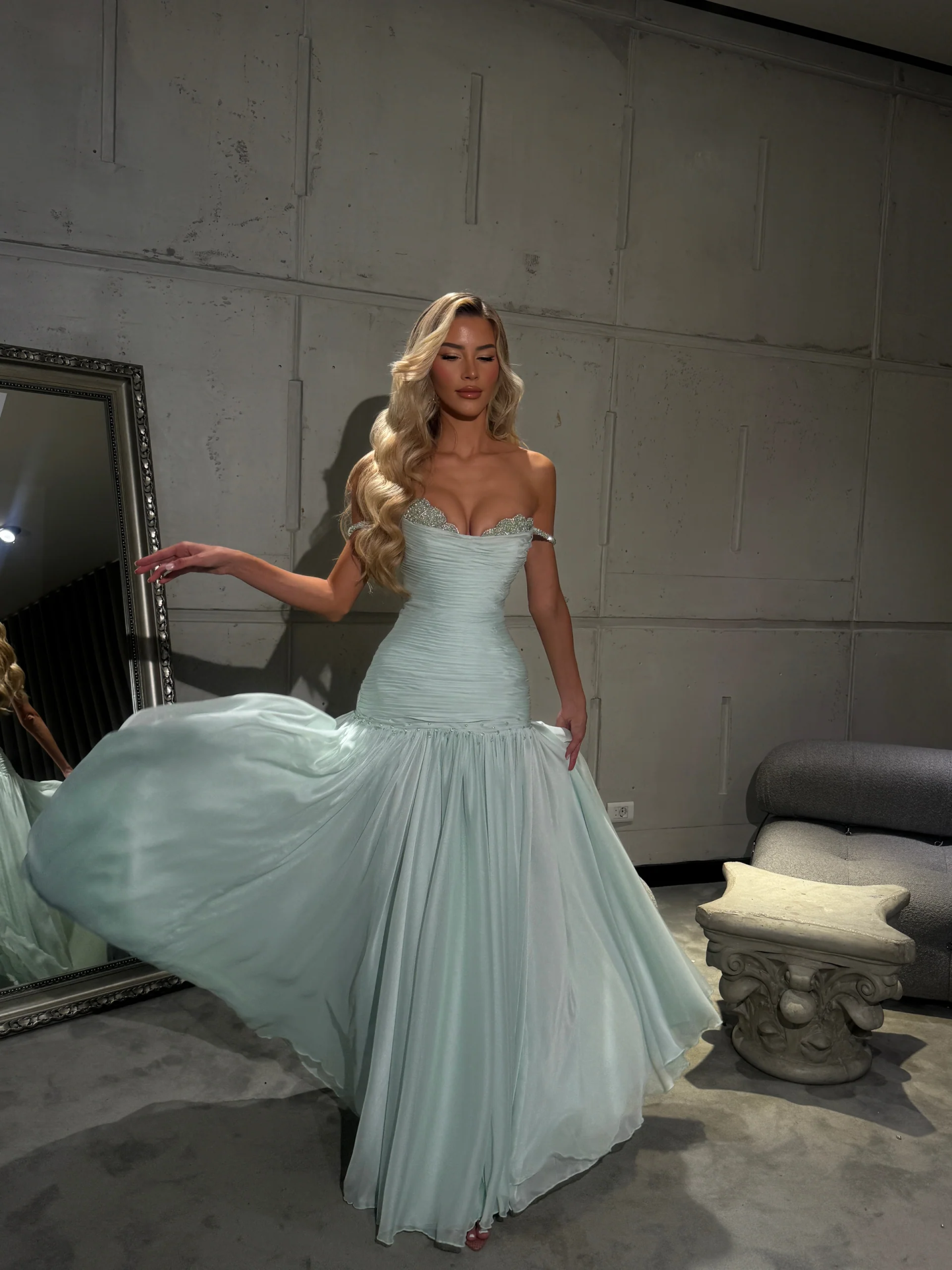 Off the Shoulder Sleeveless Long Formal Dress With Pleated Sequins