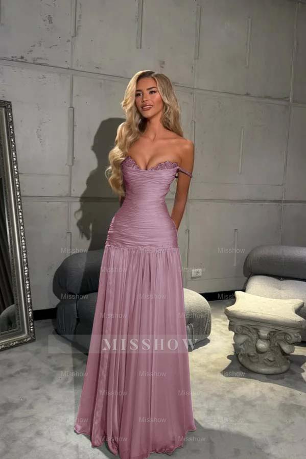 Off the Shoulder Sleeveless Long Formal Dress With Pleated Sequins