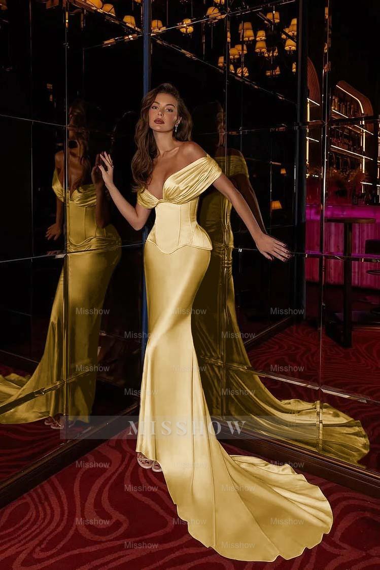 Off the Shoulder Sleeveless Long Mermaid Formal Dress With Pleated