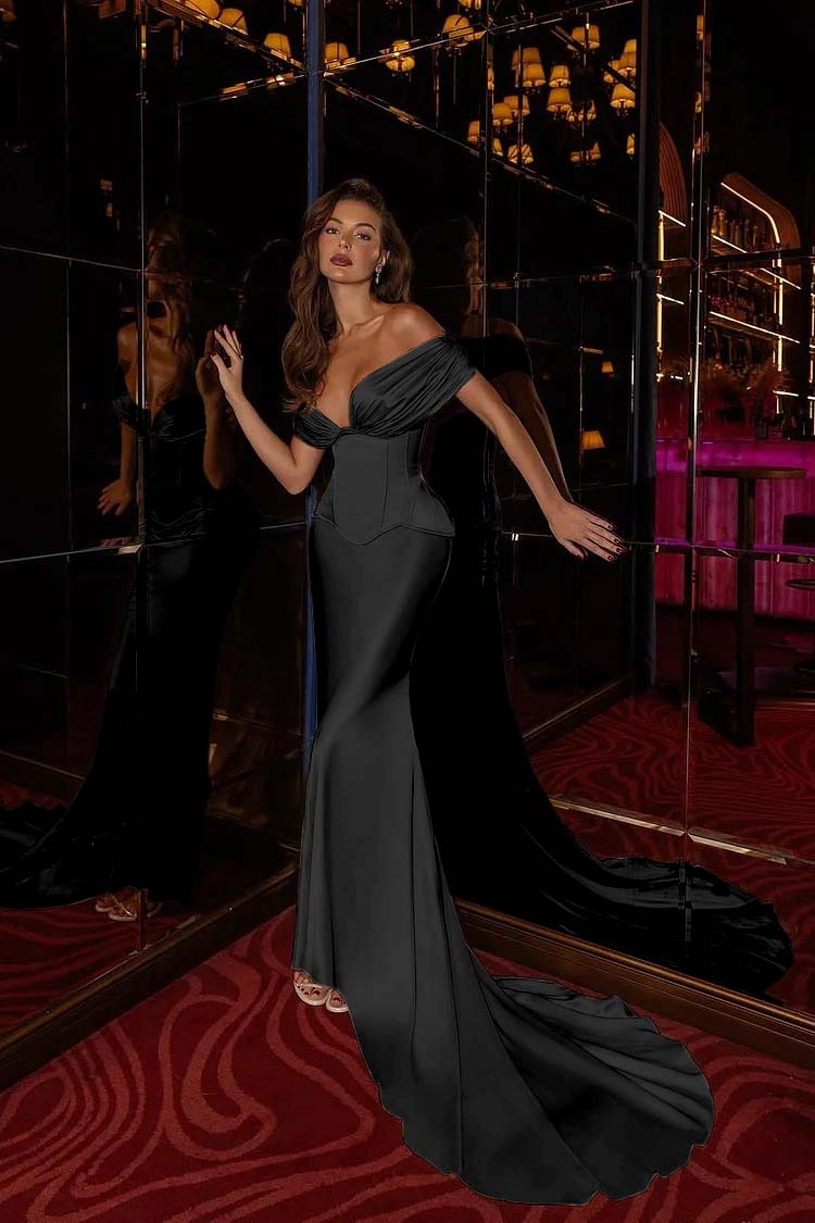 Off the Shoulder Sleeveless Long Mermaid Formal Dress With Pleated