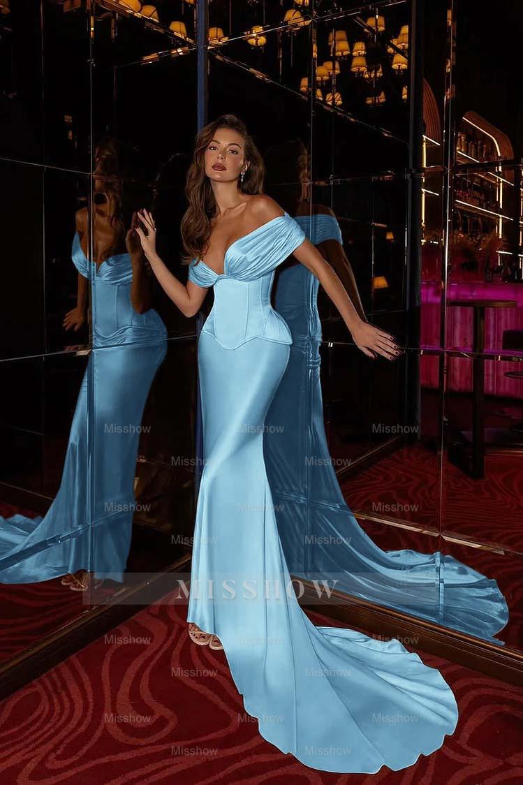 Off the Shoulder Sleeveless Long Mermaid Formal Dress With Pleated