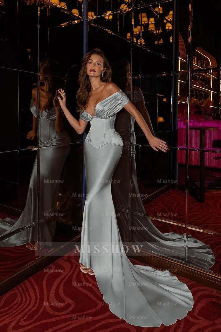 Off the Shoulder Sleeveless Long Mermaid Formal Dress With Pleated