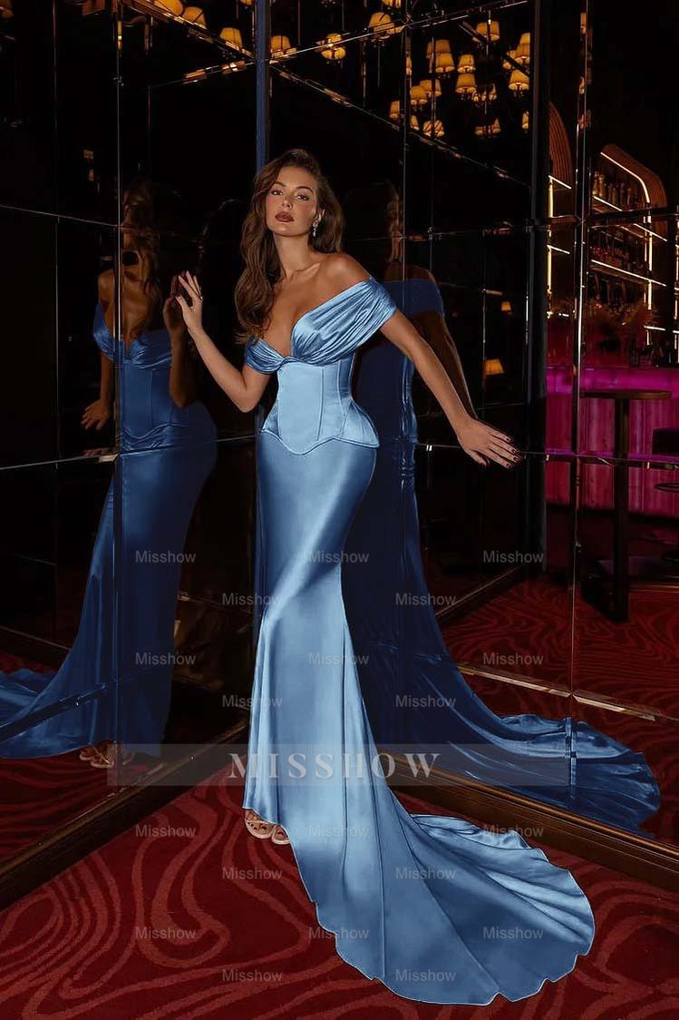 Off the Shoulder Sleeveless Long Mermaid Formal Dress With Pleated