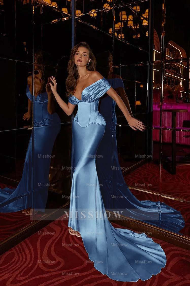 Off the Shoulder Sleeveless Long Mermaid Formal Dress With Pleated